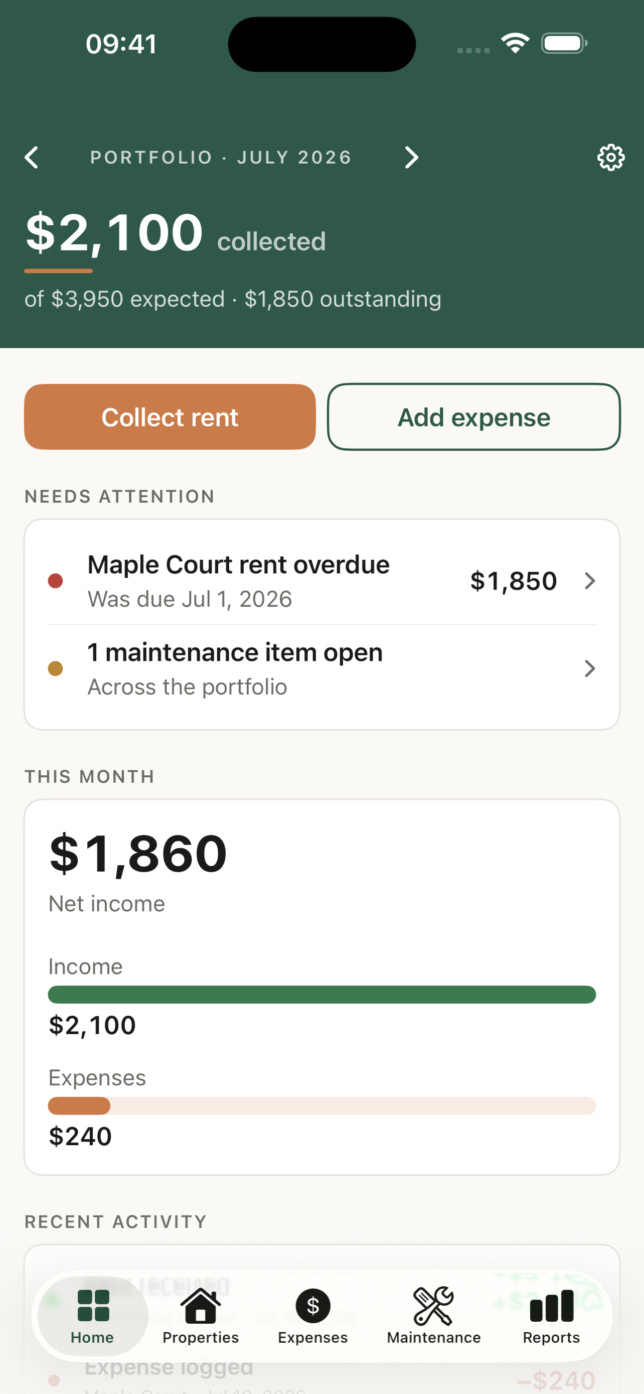 RentalVault dashboard showing rent collected, outstanding, and net income for the month